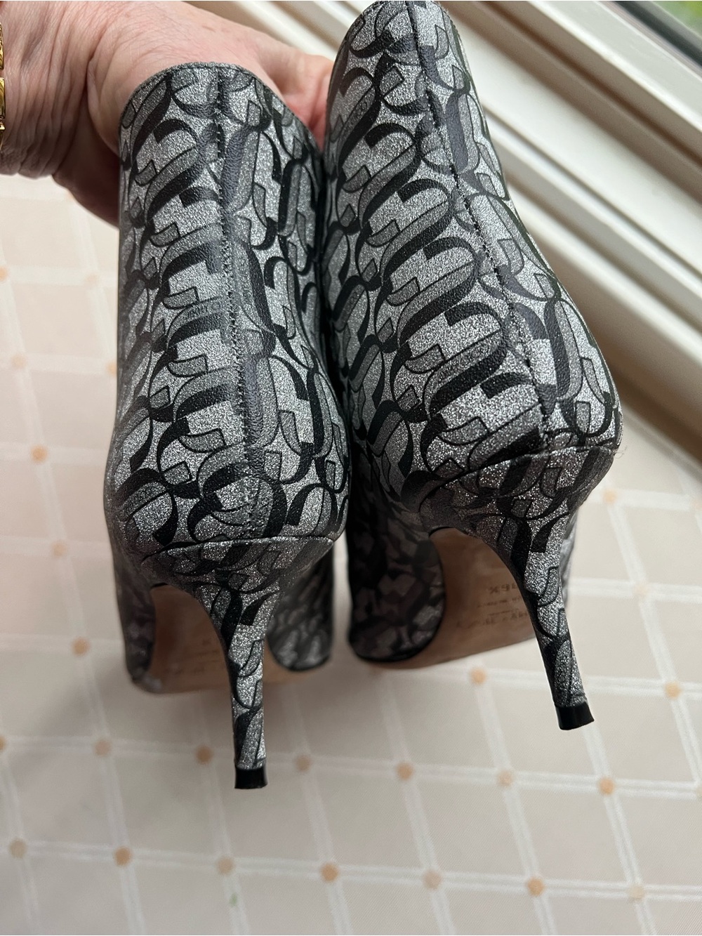 Jimmy Choo Silver & Black Monogram Glitter Kitten Heel Booties EU 36.5 / US 6.5 - Picture 6 of 8